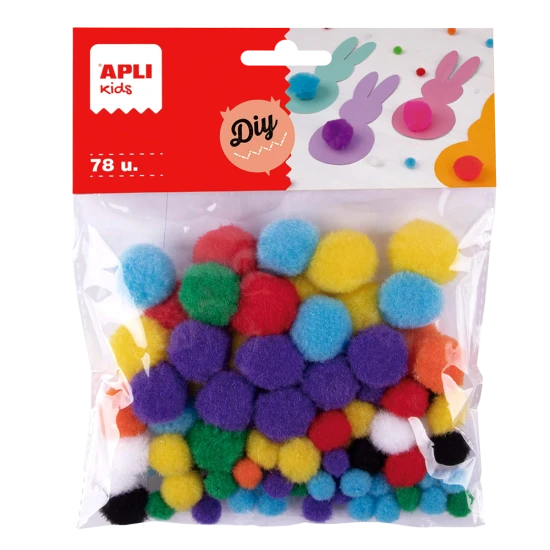 Színes puha Pom-Pom golyók különböző méretekben és színekben, ideálisak kézműves munkákhoz és dekorációk készítéséhez.